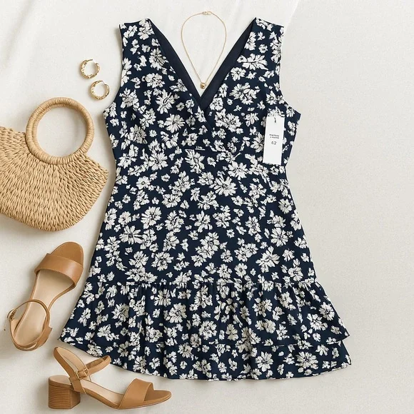 RAMY BROOK NEW YORK Navy & White Floral Sleeveless Ruffle Hem Dress – Size 4 - Picture 6 of 10